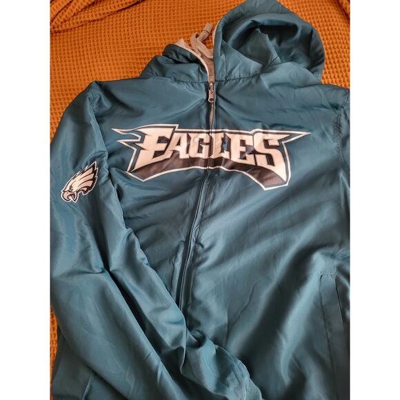 Philadelphia Eagles Reversible Green Grey Windbreaker Patch Logo Hoodie L/XL - Picture 5 of 6